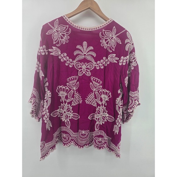Solitaire Embroidered Tunic Top Magenta 100% Rayon 3/4 Sleeve Medium - Picture 3 of 4